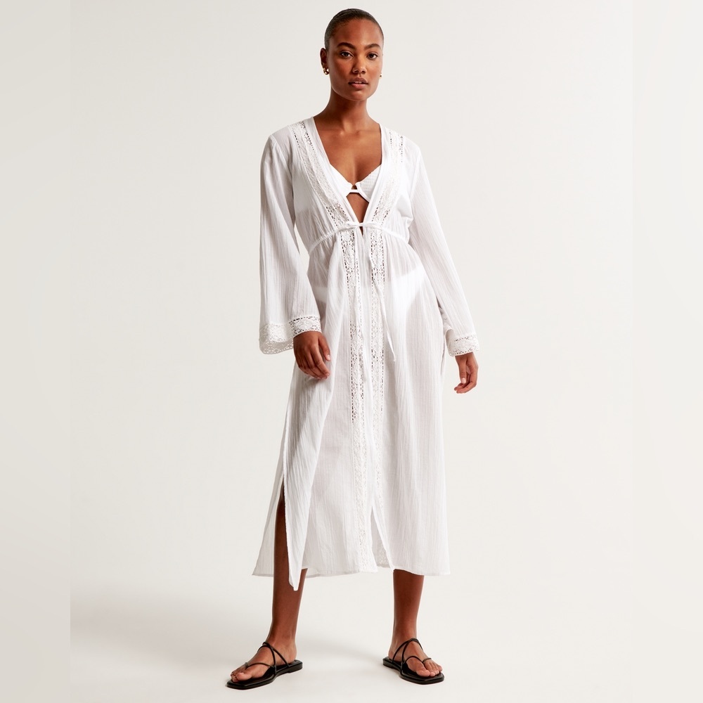 Abercrombie 100% Cotton White Crochet Swim Cover-Up Duster | Size S/M